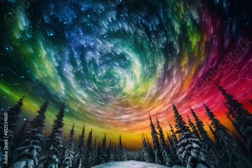 colorful swirl of stars in the sky above a snowy forest created with Generative AI technology