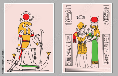 Ancient pharaoh Tutankhamen, queen Cleopatra (Nefertiti), god Horuse,gyptian symbols (hieroglyphs) on the background, Tempura design for print, canvas, poster.