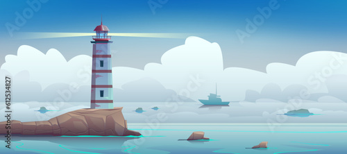 Fog over the sea, a lighthouse on a rock illuminating the bay. A ship sailing in the fog, thick clouds on the horizon, a rocky sea reef. Seascape of the coast. Vector cartoon illustration.