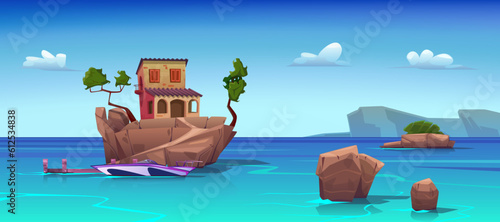 Villa on the island, mooring with a boat. Islands and rocks in the open sea, seascape. Stone house with a terrace in the mediterranean sea, pleasure boat. Cartoon summer landscape. Vector illustration