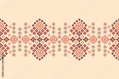 Ethnic geometric fabric pattern Cross Stitch.Ikat embroidery Ethnic oriental Pixel pattern brown cream background. Abstract,vector,illustration. Texture,frame,decoration,motifs,silk wallpaper.