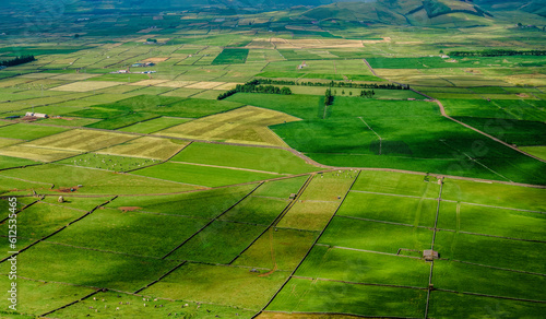 Paisagem típica dos Açores com pequenos campos de erva limitados por muros de pedra. 