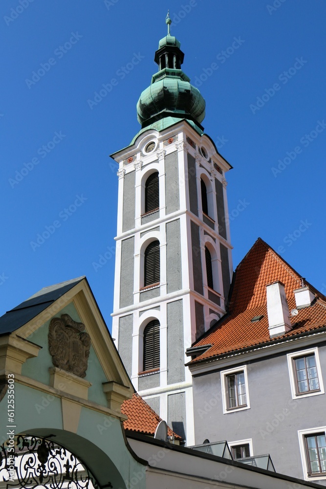 Vertical shot of St. Jost Church under clear blue sky in Cesky Krumlov town in the Czech Republic
