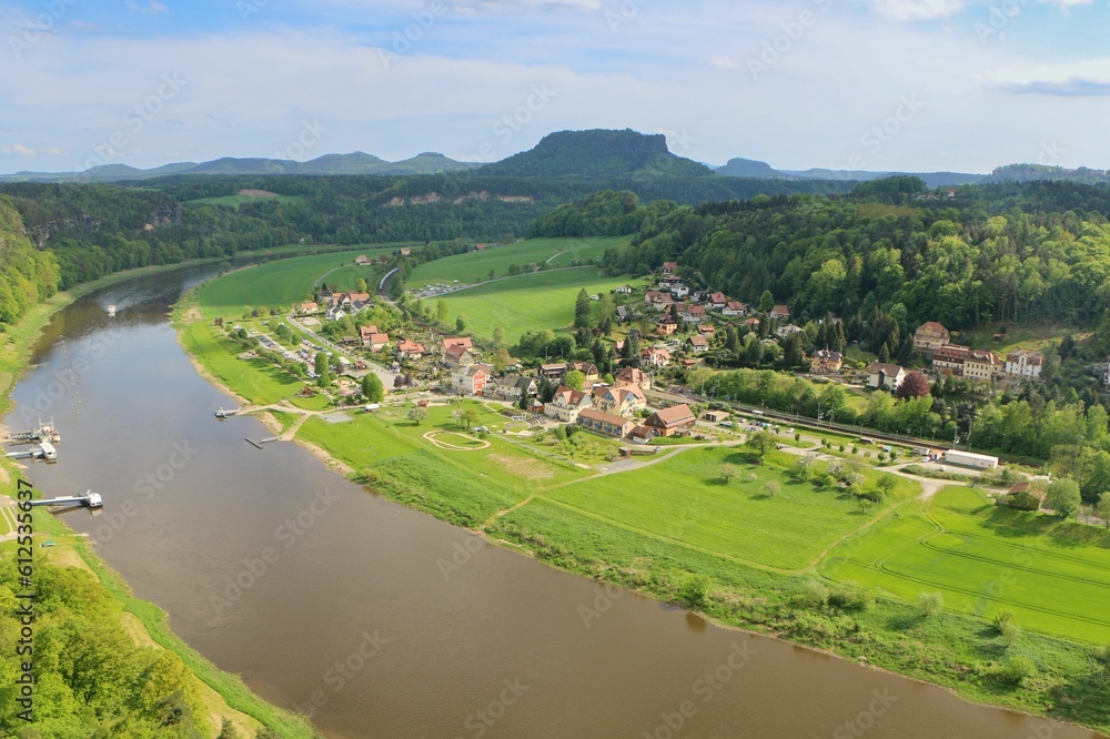 Aerial view of Rathen village on banks of the river Elbe on a sunny day in Saxony, Germany