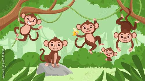 Cute monkeys in jungle vector concept