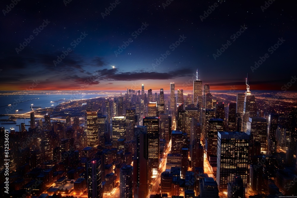 Obraz premium A breathtaking view of Singapore's magnificent skyscrapers illuminated at night, The city's vibrant energy is on full display in this stunning skyline shot, generated by AI,