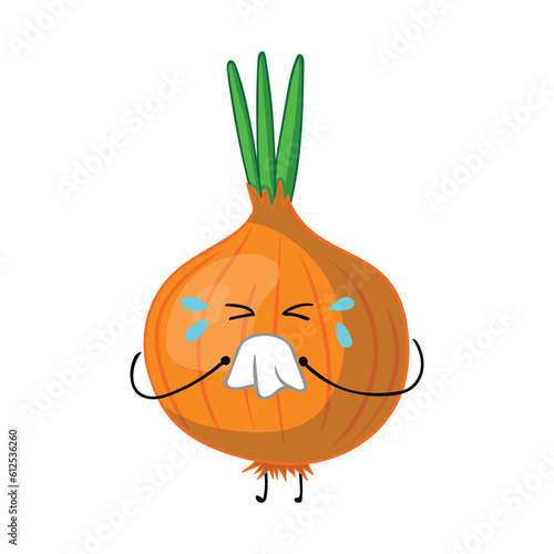 crying onion wipes its nose with tissue Mascot Character Vector illustration color children cartoon clipart