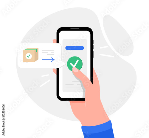 Fototapeta Naklejka Na Ścianę i Meble -  Delivery in phone concept. Character receives parcel on smartphone. Postal and online shopping, transportation and logistics. Electronic commerce and marketing. Cartoon flat vector illustration