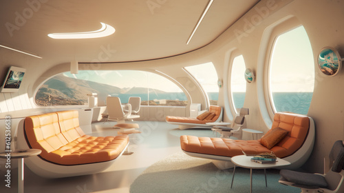 A futuristic living room with orange leather furniture. Generative AI. Mid century retro futuristic pod house.