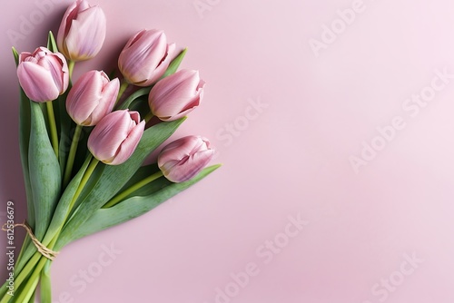 Beautiful composition spring flowers. Bouquet of pink tulips flowers on pastel pink background. Valentine's Day, Easter, Birthday, Happy Women's Day, Mother's Day. Flat lay, top view   Generative AI  © Kay