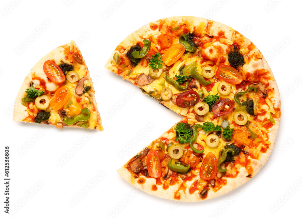 Sliced vegetable pizza on white background Sliced vegetable pizza on white background