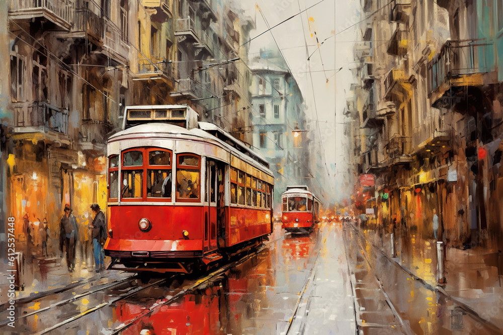 A painting of a red trolley on a city street. Generative AI.