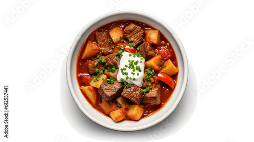  view of a goulash in a bowl with sour creme isolated against transparent