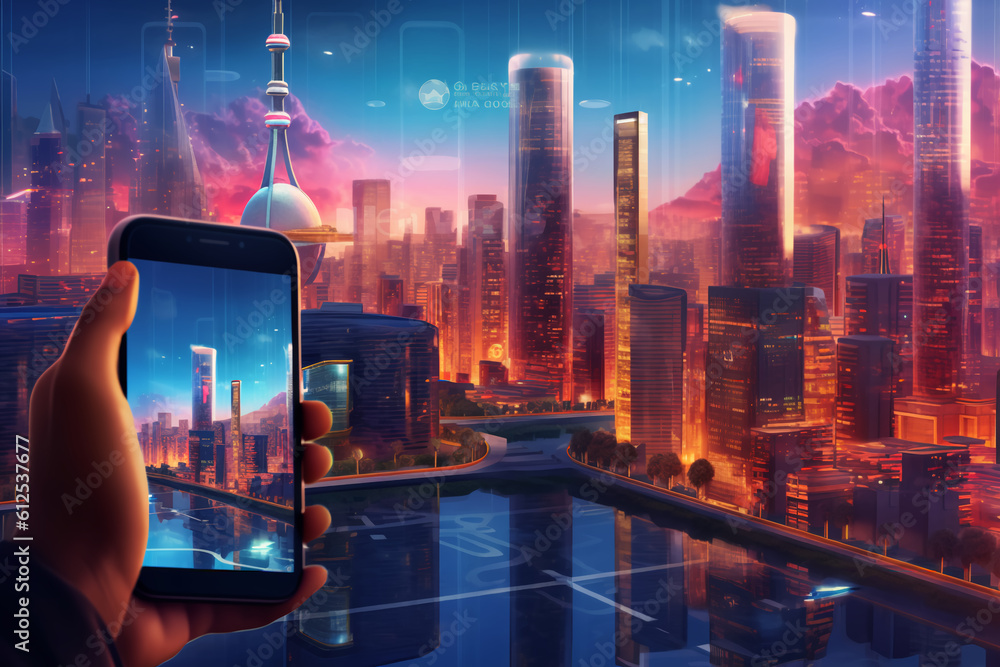 Artificial intelligence looking at smart city, AI control city infrastructure, data traffic, ensure safety. World communication concept, generative ai Artificial intelligence looking at smart city, AI control city infrastructure, data traffic, ensure safety. World communication concept, generative ai