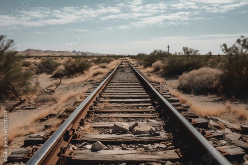 railroad tracks lead through a desert created with Generative AI technology