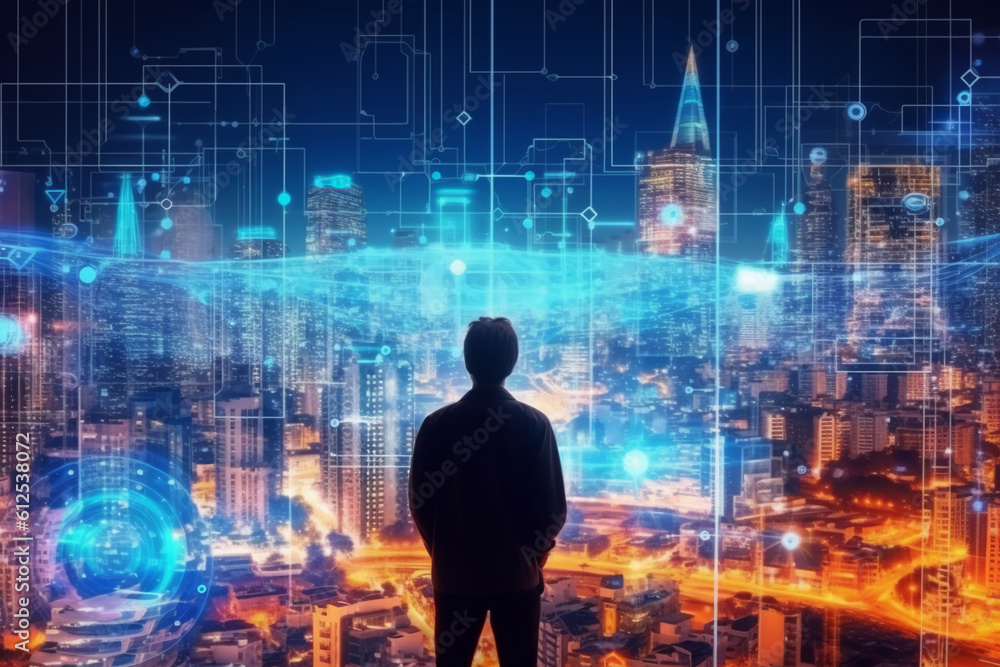 Artificial intelligence looking at smart city, AI control city infrastructure, data traffic, ensure safety. World communication concept, generative ai Artificial intelligence looking at smart city, AI control city infrastructure, data traffic, ensure safety. World communication concept, generative ai