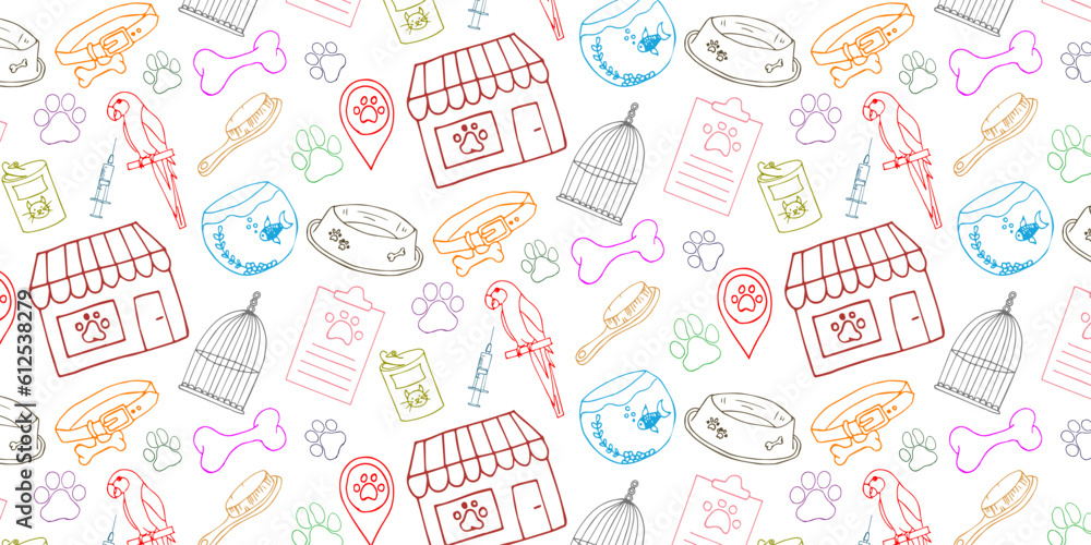 Colorful Pet Shop Vector Hand Drawn Pattern