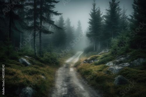 scenic dirt road winding through a lush forest landscape. Generative AI © Vusal