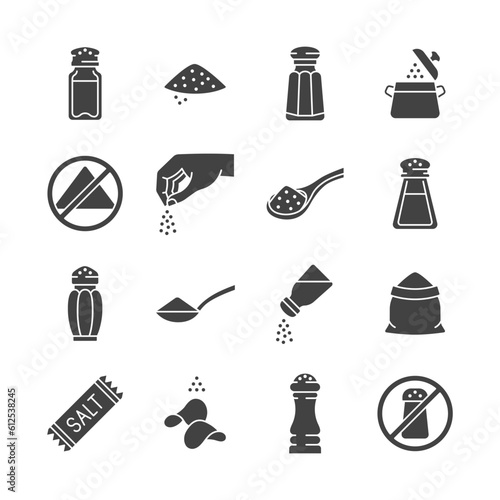 Salt glyph icon set. Vector collection with salt heap, shaker, salting hand, chips, food without sodium.