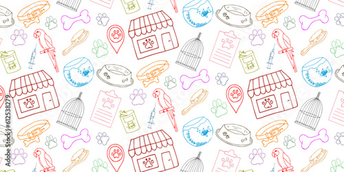 Colorful Pet Shop Vector Hand Drawn Pattern