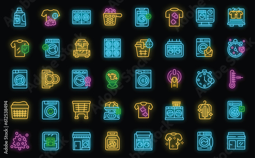 Laundromat icons set outline vector. Room service. Home washer neon color on black