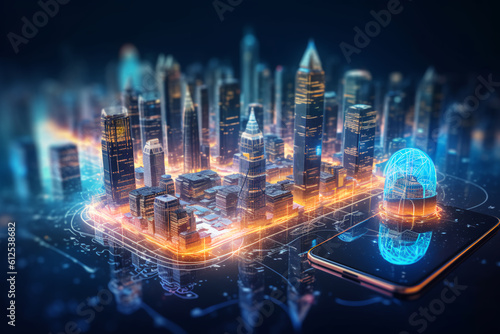 Artificial intelligence looking at smart city, AI control city infrastructure, data traffic, ensure safety. World communication concept, generative ai