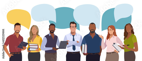Discussion, meeting. The team at work and speech bubbles. Business vector flat illustration.