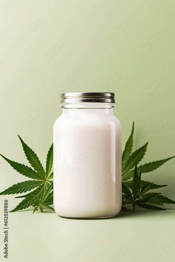 A glass jar filled with a lot of white liquid. Generative AI. Blank beauty product bottle mockup. A glass jar filled with a lot of white liquid. Generative AI. Blank beauty product bottle mockup.