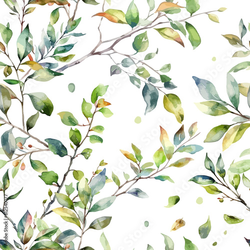 Summer leaves. Leaves watercolor twigs seamless pattern. Vector background
