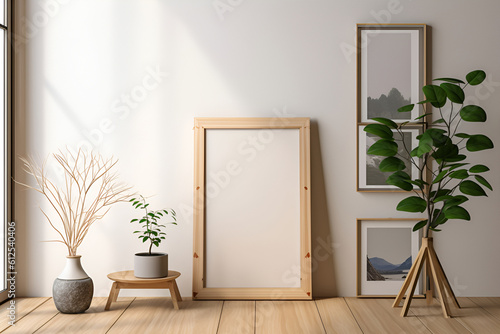 empty mockup in wooden frame stands on wooden floor against the wall and indoor plants placed around. Generative AI