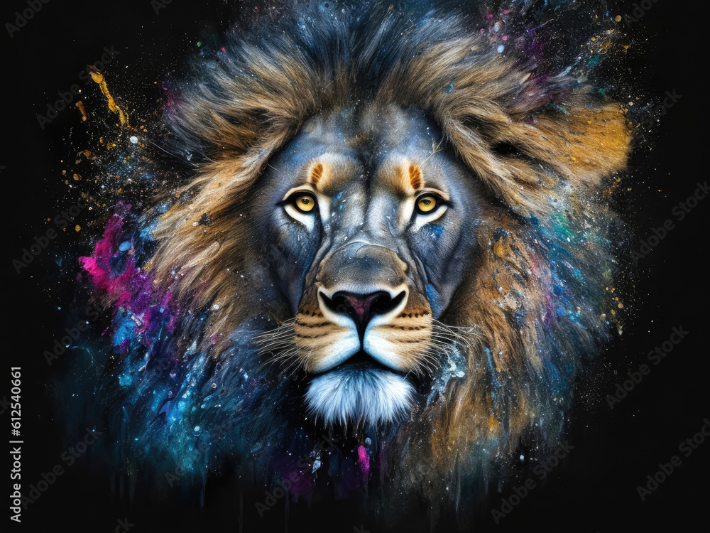 Abstract illustration of a lion with colorful patterns. The concept of showing animals in a different way. Generative Ai, Ai.