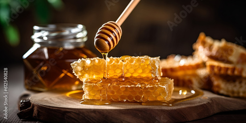 honey pouring from the stick onto the honeycomb, the concept of fresh bee honey is good for health. Generative AI