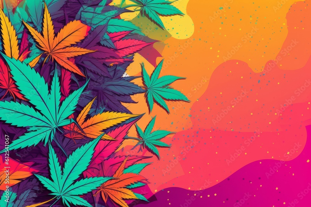 Colorful pop art cannabis ads concept with copy space, generative AI