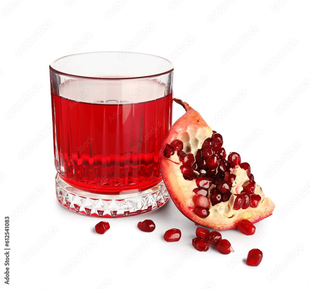 Glass of fresh pomegranate juice on white background Glass of fresh pomegranate juice on white background