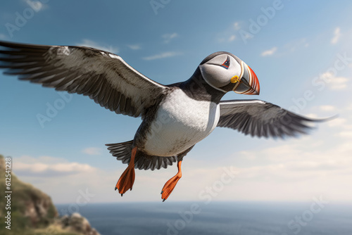 A puffin bird skillfully flies with a fish gripped in its beak, showcasing its natural ability and hunting prowess. Generative Ai, Ai. © Sebastian