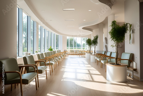 waiting chairs in the bright lobby of a modern hospital or medical center with large windows, lots of space and light. Generative AI