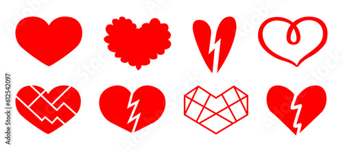 Set of vector heart icons. Broken heart. Love. Valentine s Day.