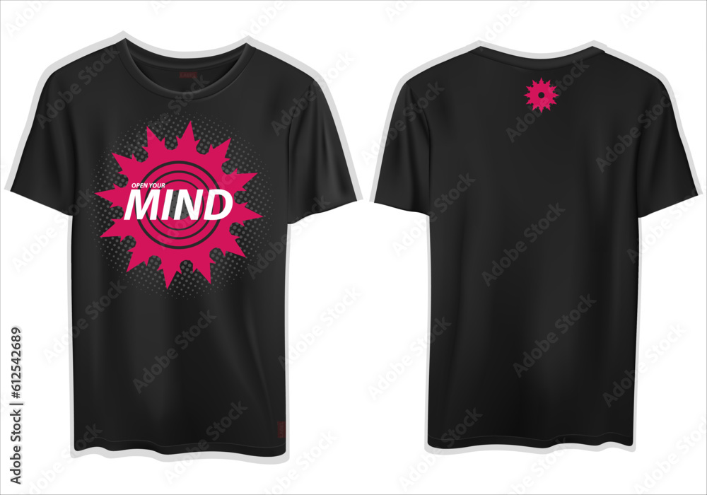 Digital render of a simple black graphic t-shirt with an abstract mind print Digital render of a simple black graphic t-shirt with an abstract mind print