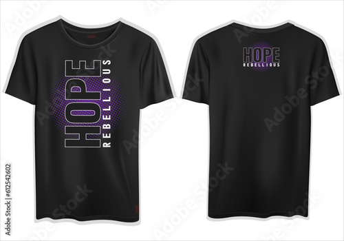 Vector of the front and back of a black t-shirt mockup with rebellious hope text in a beautiful font