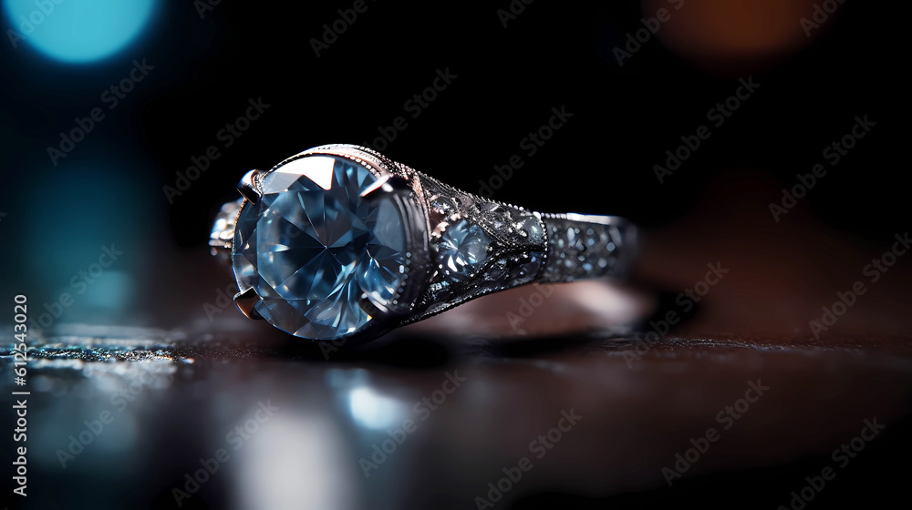 Beautiful jewelry ring with a diamond on a dark background, straight view. Beautiful jewelry ring with a diamond on a dark background, straight view.