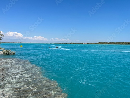 View of a blue sea with safety buoy balls under the blue sky