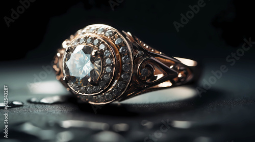 Beautiful jewelry ring with a diamond on a dark background, straight view.