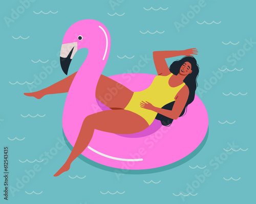 Summer cute background with floating in an inflatable flamingo circle in the sea or ocean body positive woman. Underwater swimming girl. Design for poster, banner, card etc. Vector illustration