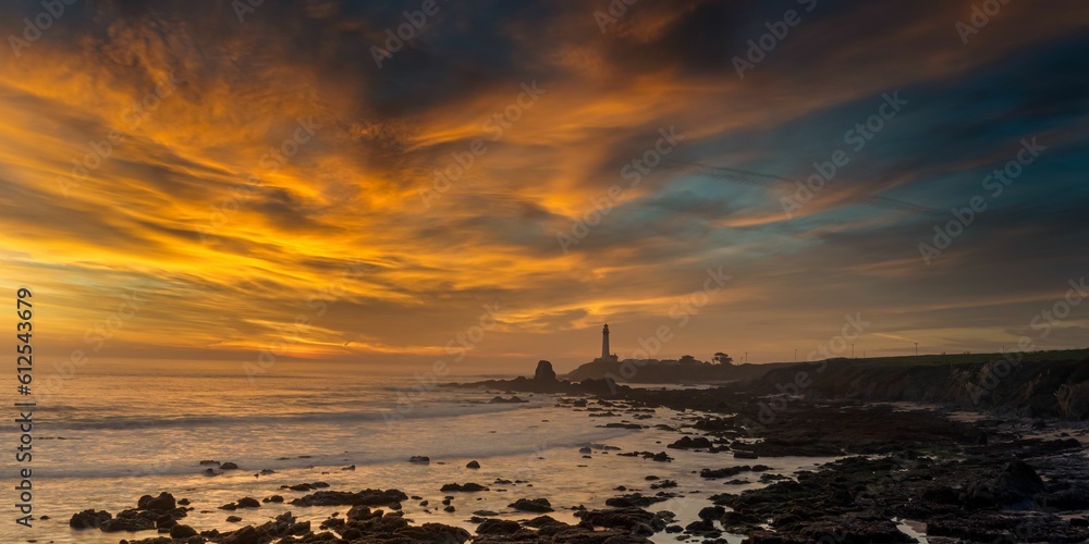 Panoramic shot of a coastline with a sunset in the background