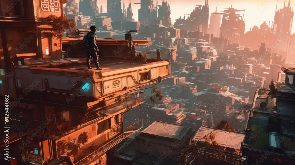 Rooftops of a sprawling cyberpunk city, showcasing characters leaping between buildings, navigating precarious structures, and evading surveillance drones