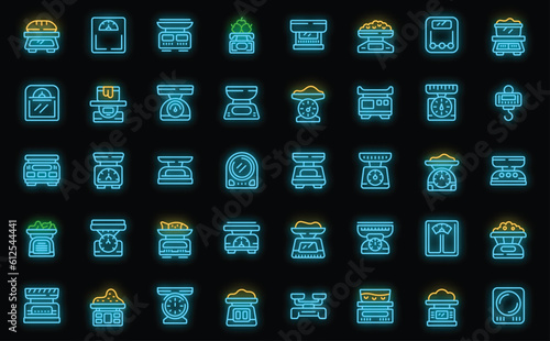 Kitchen scales icons set outline vector. Food weight. Kitchen balance neon color on black