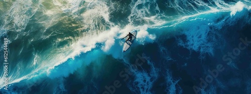 Surfer on his board floating on wave  drone view. Generative AI