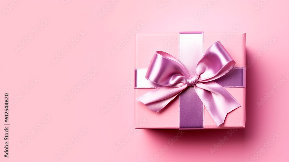 pink gift box with purple ribbon. Generative Ai. pink gift box with purple ribbon. Generative Ai.