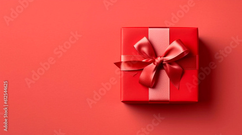 Red gift box with a bow on a dark pink background. Generative Ai. 