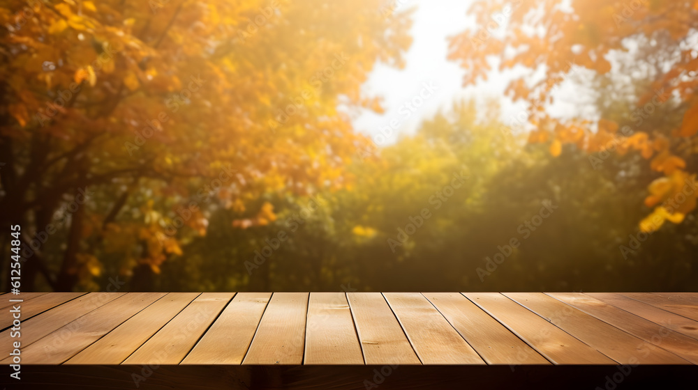 Empty wooden deck table with autumn background. Ready for product ...